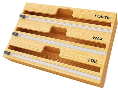 Bamboo Kitchen Cling Film and Foil Dispenser and Cutter,Foil and Baking Paper Dispenser,3 in 1 Kitchen Countertop Organizer,Freezer Bag Holder,Roll Holder for Tin Foil Parchment Paper