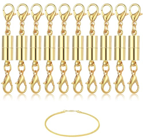 10 Pack Magnetic Necklace Clasps, Gold Closures Magnetic Jewelry Clasps Necklaces Fasteners Chain Clasps Connector Locking Magnetic Bracelets Clasp for Bracelet Necklace Anklets Making (Gold)