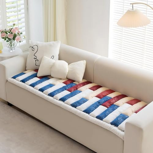 AEEISHOMEREFORM Couch Covers for Dogs Washable, Non-Slip Sofa Protector, Pet-Friendly 3-Cushion Crystal Velvet Pinstripe Furniture Cover (Blue, 27.6x82.7 inch)