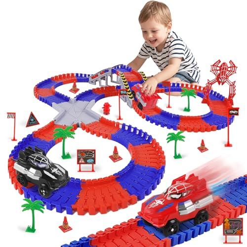 Spider Autorennbahn Set, Spielzeug ab 3 4 5 6 Jahre Junge, Spider Spielzeug Rennbahn Auto Kinderspielzeug, Flexibles Auto Rennstrecke Set für Kinder mit 2 Autos, Kinder Geburtstag Geschenk (212 PCS)
