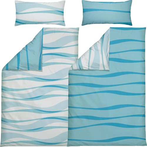 Erwin Müller Seersucker Wendebettwäsche Sparpaket 4-TLG. blau Größe 40x80 cm / 135x200 cm - für warme Sommernächte, temperatur- und feuchtigkeitsausgleichend, bügelfrei, mit Reißverschluss
