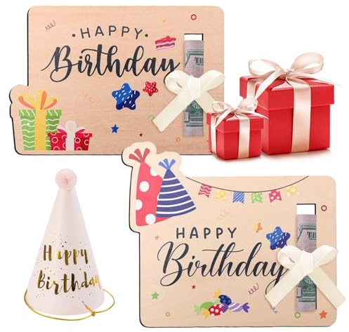 Rieoany Tarjeta de Cumpleaños de Madera con porta-dinero, Regalo Creativo de Cumpleaños para Dar Dinero Tarjeta Felicitacion Cumpleaños Regalo, Postal para Hombres Mujeres Niñas Niños, 2 Piezas