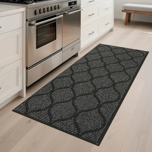 COSY HOMEER Küchenteppich rutschfest 60 x 120 cm, Dunkelgrau | Küchenläufer mit marokkanischem Rautenmuster, rutschfest, waschbar, schmutzabweisend, 100% Polypropylen, für Flur und Eingang