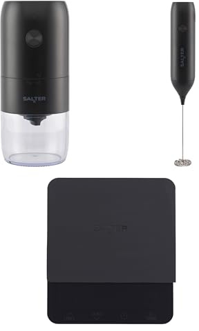 Salter Coffee Grinder, Scale & Milk Frother Set - 30g Bean & 35g Powder Capacity Espresso Machine, 0.1g Precision Electronic Scale with Timer, Rechargeable Handheld Coffee Whisk, Compact & Portable