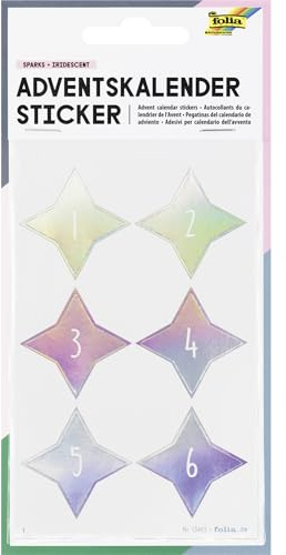 folia 15493 - Adventskalender Sticker SPARKS IRIDESCENT, 24 Stück in irisierend-schillernd, Aufkleber in Sternform, zum Verzieren und Dekorieren