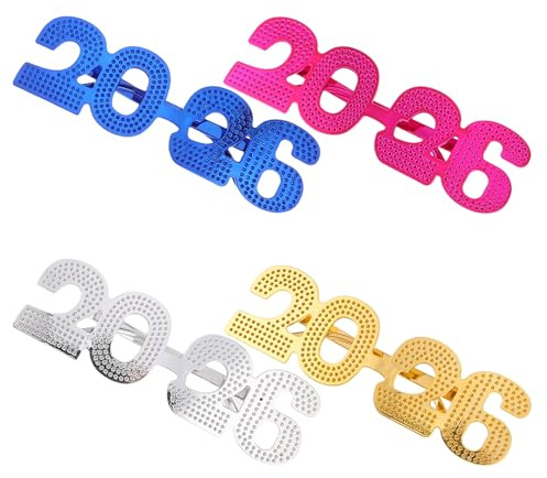 ROMISBABA 4 Stück Pack Silvester Partybrillen Zahlenbrillen 2026 aus Kunststoff mit Galvanisierter Metallic Optik Leichte Foto Requisiten für Neujahrsfeier und Fotobox