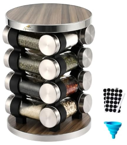 Rotating Spice Rack Organiser - 16 Glass Jars, Labels & Funnel