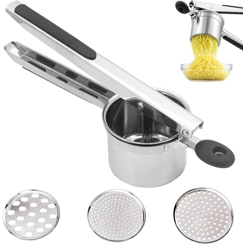 HORREX Aplastador de Patatas Cocidas, Equipado con 3 platos intercambiables, Prensa Patatas de Acero Inoxidable, Apto para lavavajillas, Pasapures para Puré, Spätzle y Espaguetis, Machacador
