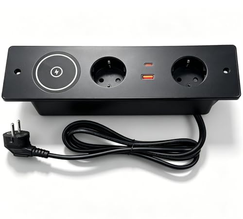 Enchufe retráctil de 2 enchufes USB C PD 20 W y 15 W Carga inalámbrica, regleta empotrable para escritorio, cocina, color negro, cable de 1,5 m