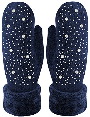Blackshirt Company Handschuhe Fäustlinge mit Perlen und Glitzer Strick Handschuhe gefüttert Schwarz (Blau)