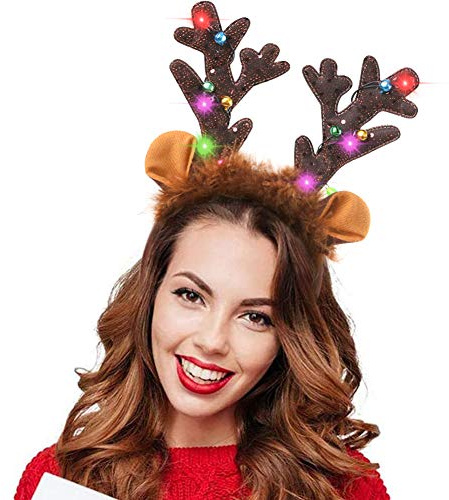HANSGO LED Reindeer Antlers Headband with Bells - Christmas Reindeer Ears