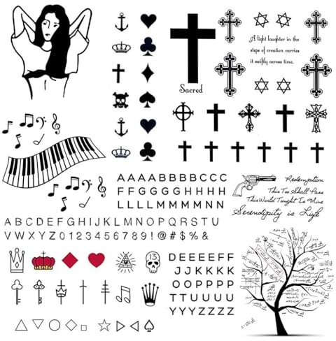 CARGEN 2 Bögen Tattoo-Aufkleber, temporäre Finger, realistisch, wasserfest, mit Buchstaben des Alphabets und Kreuz