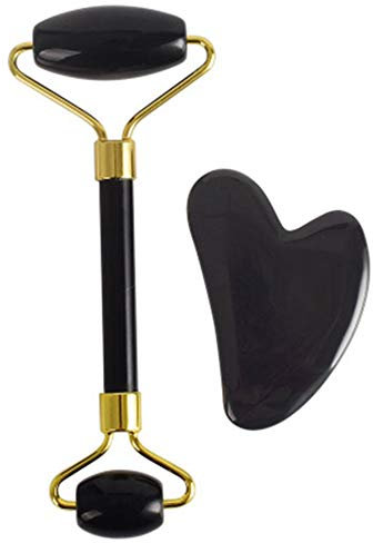MSQL Doppelkopf-Jade-Gesichtsmassagegerät / 2-in-1-Jade-Roller und Gua Sha-Set/Kosmetisches Schönheitsinstrument lindern Faltenalterung, Augenringe,Schwarz