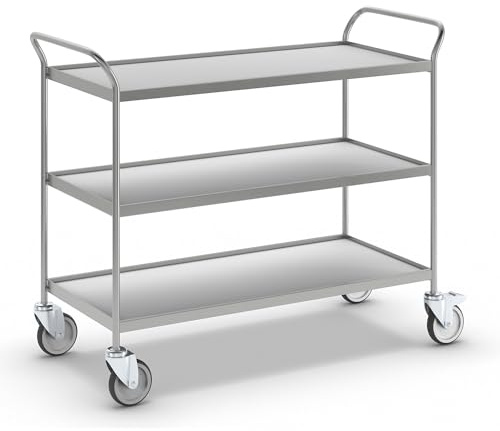 eurokraft | Chariot de Service | 3 Plateaux Gris | 4 roulettes pivotantes | Dont 2 avec Blocage Double