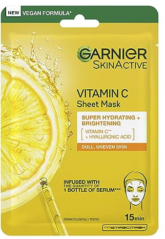 Garnier Vitamin C Brightening & Glow Boosting Serum Sheet Face Mask, Energisng, Hydrating and Illuminating Mask for Dull Skin, Cruelty Free & Vegan Tissue Mask, 28g​
