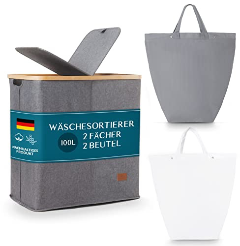 HOMIOL Wäschekorb mit Deckel - 100 Liter - XXL Wäschekorb mit 2 herausnehmbaren Wäschesäcken mit 2 Fächern