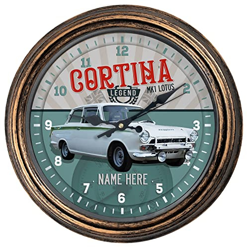 KRAFTYGIFTS Personalised Car Wall Clock Cortina MK1 Lotus Round Hanging Glass Front Garage Clock Birthday Gift VCC07