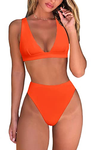 Women's Bikini Swimsuit Triangle Bikini Top Cross Criss Back High Cut Thong Two Piece Bathing Suit Orange S