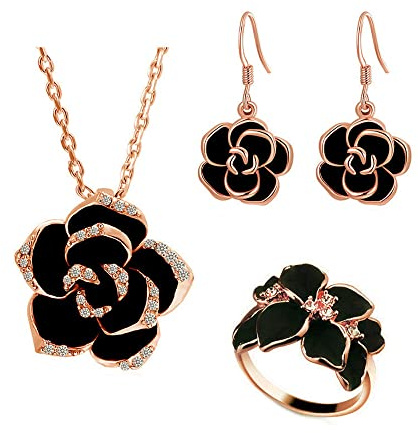 TOEECY Rose Schmuckset für Damen und Mädchen Kamelie Blume Anhänger Halskette Ohrringe und Einstellbar Ringe Set Emaille Zirkonia Schmuck Set für Hochzeit Braut