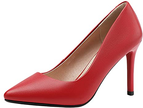 Jamron Damen Volles Echtes Leder 9CM High Heels Elegant Spitze Zehen Pumps Büro Arbeitsschuhe Rot SN602C015-3 EU38