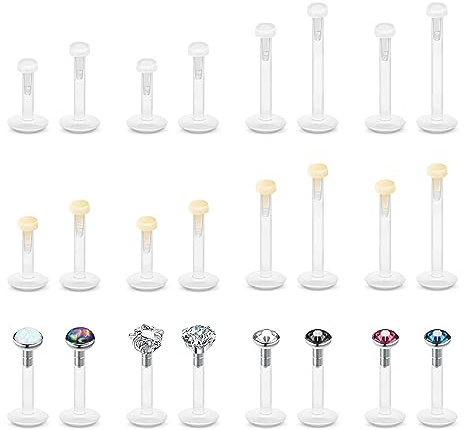 PiercingArt Plastic Labret Lip Jewelry Clear Earrings Retainers for Helix Tragus for Sports Work Bioflex Flat Threadless Push in Piercing Studs for Nose Medusa Mornoe Ashley 6/8/10/12 mm 16g