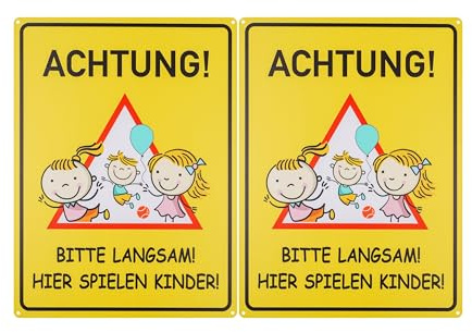 Warnschild ACHTUNG! BITTE LANGSAM! HIER SPIELEN KINDER!, 2 Stück, 40 x 30 cm, 1 mm starkes PVC Schild mit Bohrlöchern, Hinweisschild Spielstraße, Achtung spielende Kinder langsam fahren Schilder