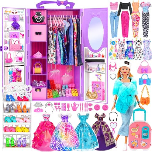 107pcs 11.5 Zoll Mädchen Puppe mit Kleidung Zubehör und Schrank, Gepäck, Schal mit Kleid, Prinzessin Kleider, Mode Kleider, Outfits, Schuhe... Puppe Dress Up Spielzeug für Mädchen (einschließen Puppe)
