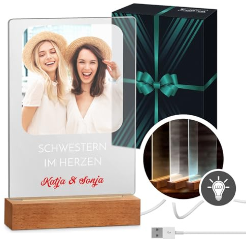Maverton beleuchteter LED-Rahmen mit eigenem Foto - personalisiertes Acrylglasbild mit Holzständer mit LED-Beleuchtung - Glasfoto für Frauen zum Geburtstag - Größe: 15x24x4,5cm - Freundschaft