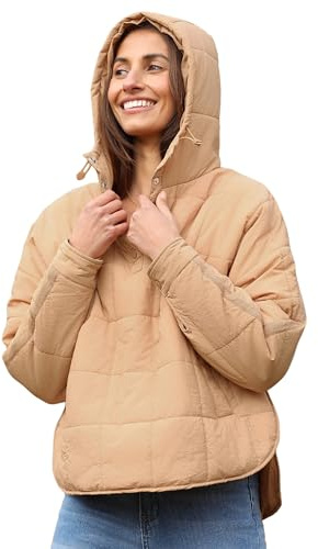 AMEBELLE Women's Oversized Hooded Puffer Jacket Quilted Lightweight Winter Warm Pullover Padded Hoodies Coat(2611-NewLightBrown-L)