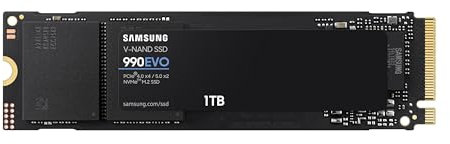 Samsung 990 EVO NVMe M.2 SSD 1 TB, PCIe 4.0 x4 / PCIe 5.0 x2, NVMe 2.0 (2280), 5.000 MB/s Lesen, 3.200 MB/s Schreiben, Interne SSD für Gaming und Grafikbearbeitung, MZ-V9E1T0BW