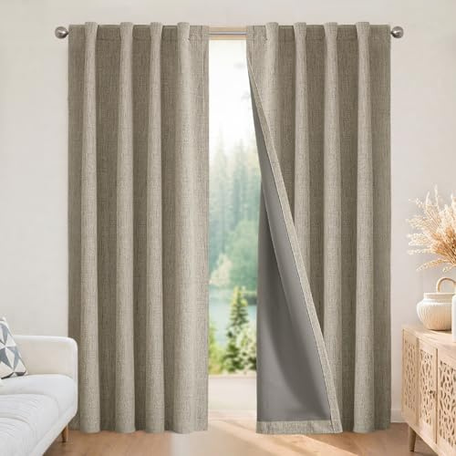 Joydeco 100% Blickdichte Vorhänge mit Schlaufen Verdeckten Leinenoptik, Verdunkelungsvorhang Stangendurchzug Gardinen Thermovorhang Leinen Hitzeschutz für Wohnzimmer