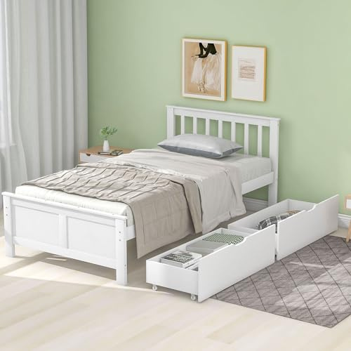 HYUB Holzbett Einzelbett 90 x 200 cm mit Kopfteil und Lattenrost, Einfacher Stil Bettgestell, Jugendbett Rahmen mit Zwei Schubladen aus Kiefernholz, Weiß