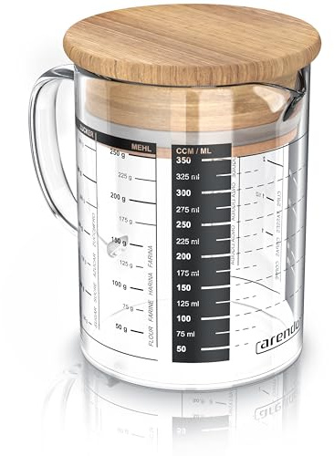 Arendo - 350ml Messbecher aus Glas - Messkrug Glas Krug – Borosilikatglas – präzise Skala – hitzebeständig – Mikrowellen geeignet – Glasbehälter mit Bambusdeckel - Silikondichtung
