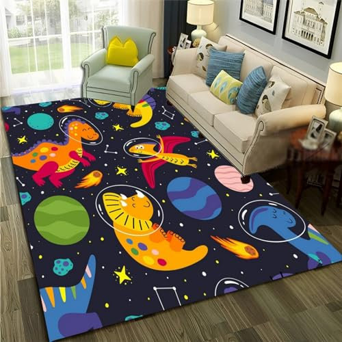Kinderteppich Dinosaurier-Weltraum-Cartoon-Tier - Kurzflor Teppich Kinderzimmer Spielteppich Antiallergen Und Extra Weich - Babyzimmer Teppiche Für Junge Und Mädchen Babyteppich 140 X 200 Cm -5M2U-I7O