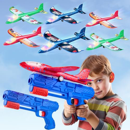 Folimix Boys Toys 6 Pack Airplane Launcher Toy, Glider Plane LED Foam Plane Toy Outdoor Toy for Kids Ages 3 4 5 6 7 8 9 10 Year Old Boys Birthday Gift, Educational Flying Kids Toys