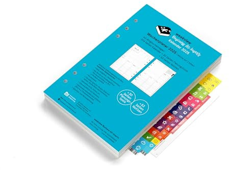 weekview Business Einlagen 2025, A5 – Wochenplaner, 1 Woche auf 2 Seiten, inkl. 64 Seiten Planungstools, Notizteil, Griffregister und Sticker – Filofax-A5-Lochung, 90g Papier, Made in Germany