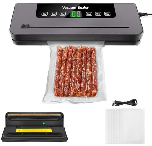 Vacuum Sealer Machine Strong Suction 6 Modes for Dry & Moist Foods Built-in Cutter, Vacuum Food Sealer for Keep Meat Vegetables Snacks Fruits Grains Fresh, Includes 10 Vacuum Bags, Black