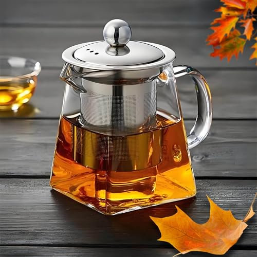 DxxD Tetera de vidrio de 950 ml con infusión, tetera cuadrada de silicato de borosilicato con colador de acero inoxidable para té suelto, tetera floreciente, agua caliente/helada, bebida de jugo