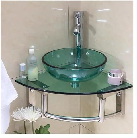 MoSpüle Edelstahl Waschbecken Wandwaschbecken Aus Gehärtetem Glas, Modernes Badezimmerwaschbecken For Kleine Räume, Glaswaschbecken Mit Wasserhahn-Set, Eckwaschbecken, Badezimmer-Waschtisch, Runde Sch