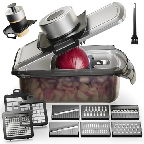 Vegetable Chopper Vegetable Cutter, 12-in-1 Stainless Steel Mandoline Veggie Slicer, Food Slicer for Kitchen, Veggie Chipper with Container, Salad,Carrot and Garlic Chopper, Onion and Fruit