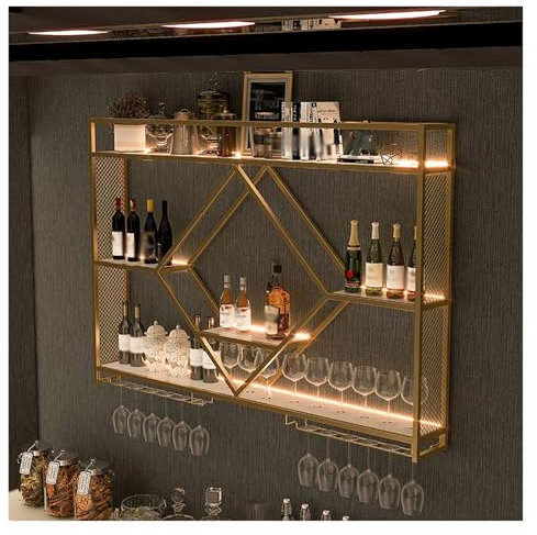 Väggmonterade vinhyllor med glashållare, stativ för spritflaskor, metallbarhyllor med flaskhållare och glashållare, för hem, bar, matsal, vinkök (guld, 140 x 80