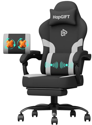 HapGIFT Gaming Chairs, Computer Chair with Footrest and Massage Lumbar Support, High Back Ergonomic Swivel Gamer Chair, Reclining Gaming Chairs with Armrests, Headrest for Adults, 300LBS (Black-Grey)