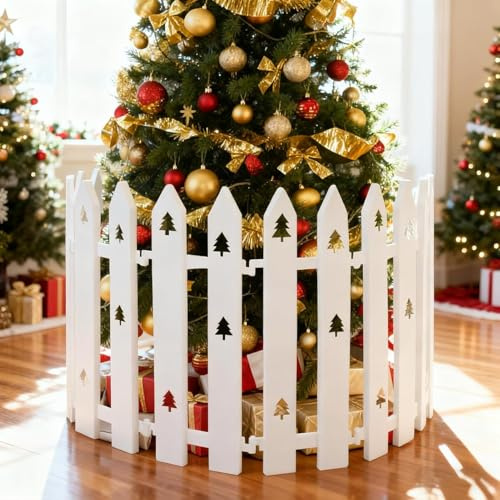 40cm Extra Tall Christmas Tree Fence,12PCS White Plastic Fence Panels with Tree Patterns,Christmas Tree Protector from Dogs,Cats,Kids,Decorative Xmas Tree Guard