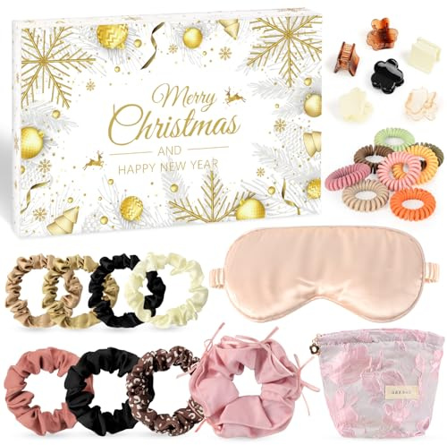 Adventskalender 2025 Frauen, Adventskalender 2025 Beauty, 24 Überraschung Haar Accessoires mit Haargummis, Schlaf Augenmaske, Kosmetik Tasche, Haarspangen,Haarpflege Geschenk Mädchen Haargummi