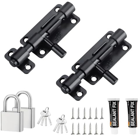 Foonary 2 Stück Schwarze 304 Edelstahl Türriegel ohne Bohren, Türschloss Set mit 12 Schrauben, 2 Klebstoffen, 2 Einfachschlössern & 8 Schlüsseln, Türriegel innen, Schieberiegel, Türverriegelung