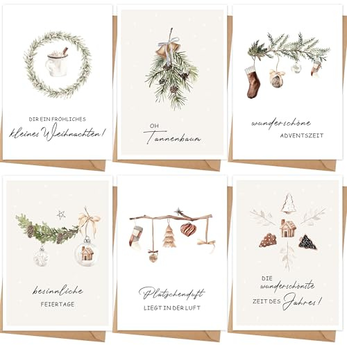 12 Weihnachtskarten mit Umschlag Set, Hochwertiges Klappkarten mit Sprüche | A6 Merry Christmas Cards - Winteraquarell für die schönsten Weihnachtsgrüße - Blanko Seiten zum Schreiben und Drucken