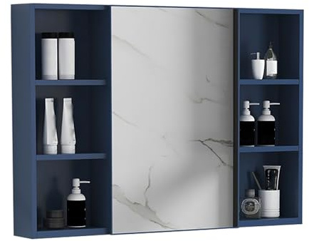 Elegante mobile da bagno rettangolare blu con specchio, contenitore da parete in alluminio, 90 x 11 x 65 cm, perfetto per bagno, camera da letto, soggiorno e toilette.