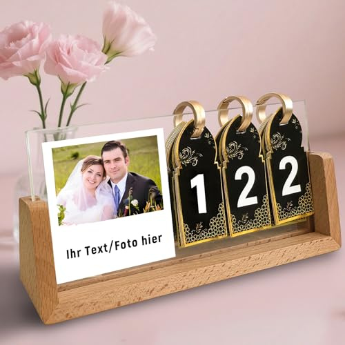 QSZ Personalisierter Hochzeits Countdown Kalender Bilderrahmen mit Foto Text Datum Hölzern Hochzeits Countdown Photo Frame für Brautpaar Personalisierte Geschenke (Bilderrahmen)