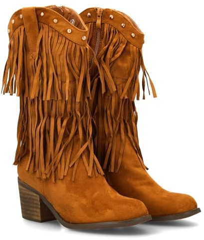 shoes&blues.es Stivale cowboy con frange da donna. Finitura in pelle scamosciata, borchie metalliche, tacco largo comodo. Ottono invernale., cammello, 36 EU