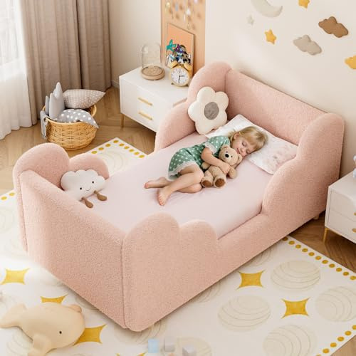ZIKEBTUY Kinderbett 70x140cm - Komplett gepolstertes Samt, Wolkenweicher Kinderbetten, Bodenbett für Jungen und Mädchen - Rosa